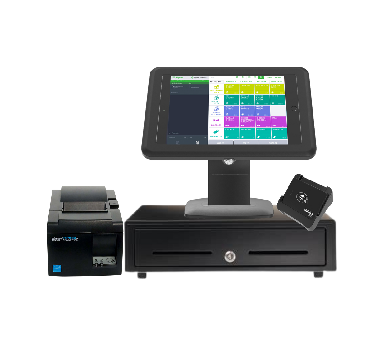 MTechPOS II point-of-sale system with touchscreen tablet, cash drawer, receipt printer, and contactless card reader.