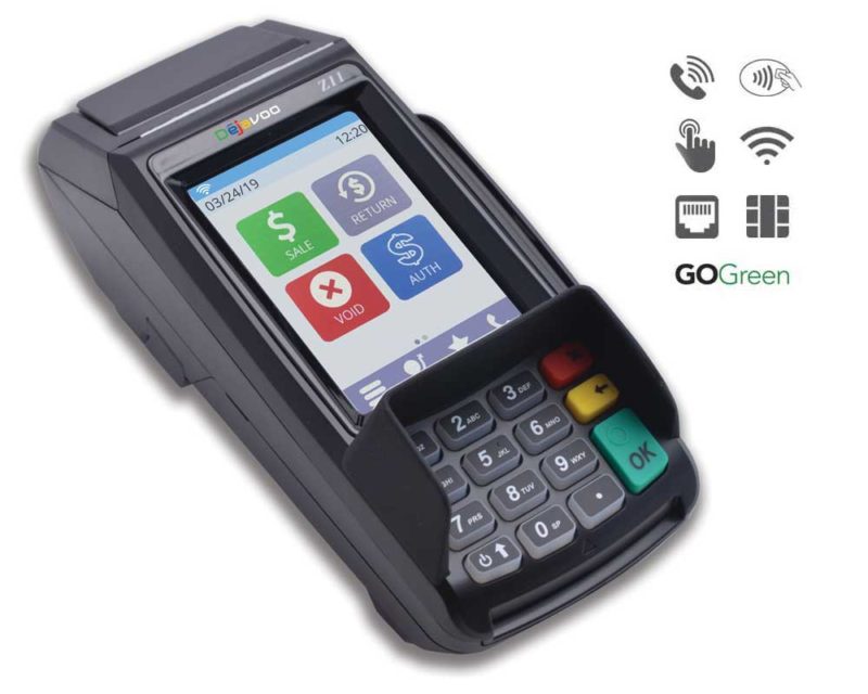 Dejavoo Z11 Tri-Comm touch screen payment terminal featuring sale, return, void, and auth options, supporting contactless, Wi-Fi, and chip payments.