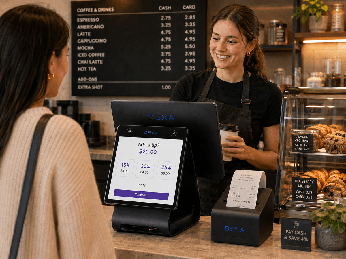 Customer choosing a tip on a Dexa payment terminal before completing a transaction