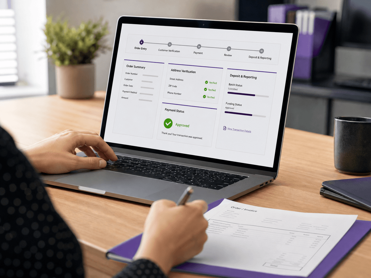MTech virtual terminal workflow showing order entry, verification, approval and deposit reporting