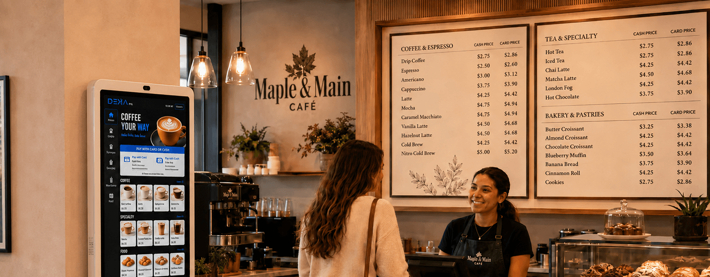 Cafe counter with a mounted ordering kiosk under a menu board, showing how legal dual pricing posts cash and card prices upfront