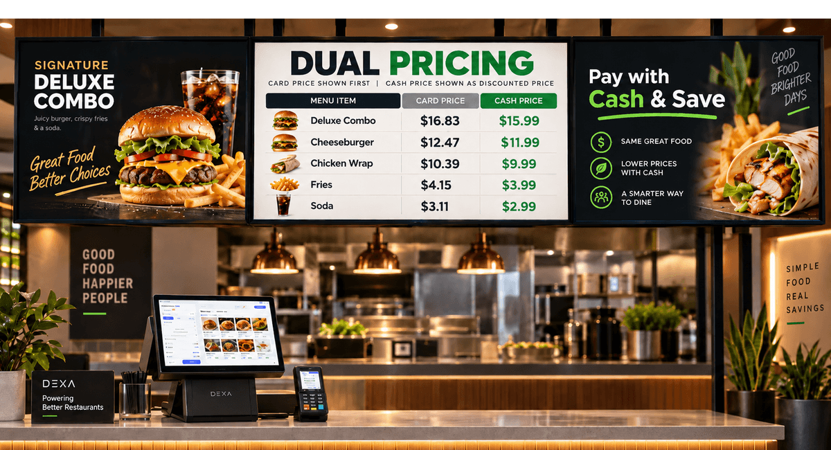 Dual pricing menu board with separate card and cash prices to cut credit card processing fees, above a DEXA POS counter