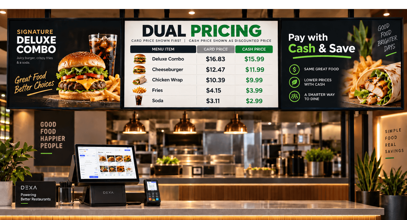Dual pricing menu board with separate card and cash prices to cut credit card processing fees, above a DEXA POS counter