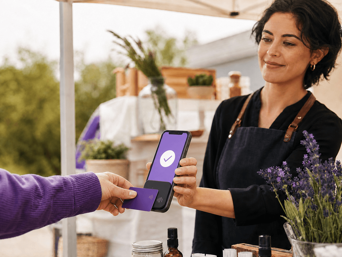 Merchant accepting a contactless card payment with a phone-attached mobile reader