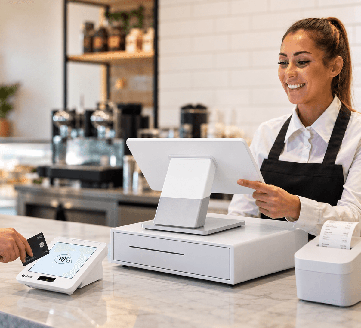 Clover can support a classic register, a compact counter, a mobile checkout, or a mixed setup across the floor.