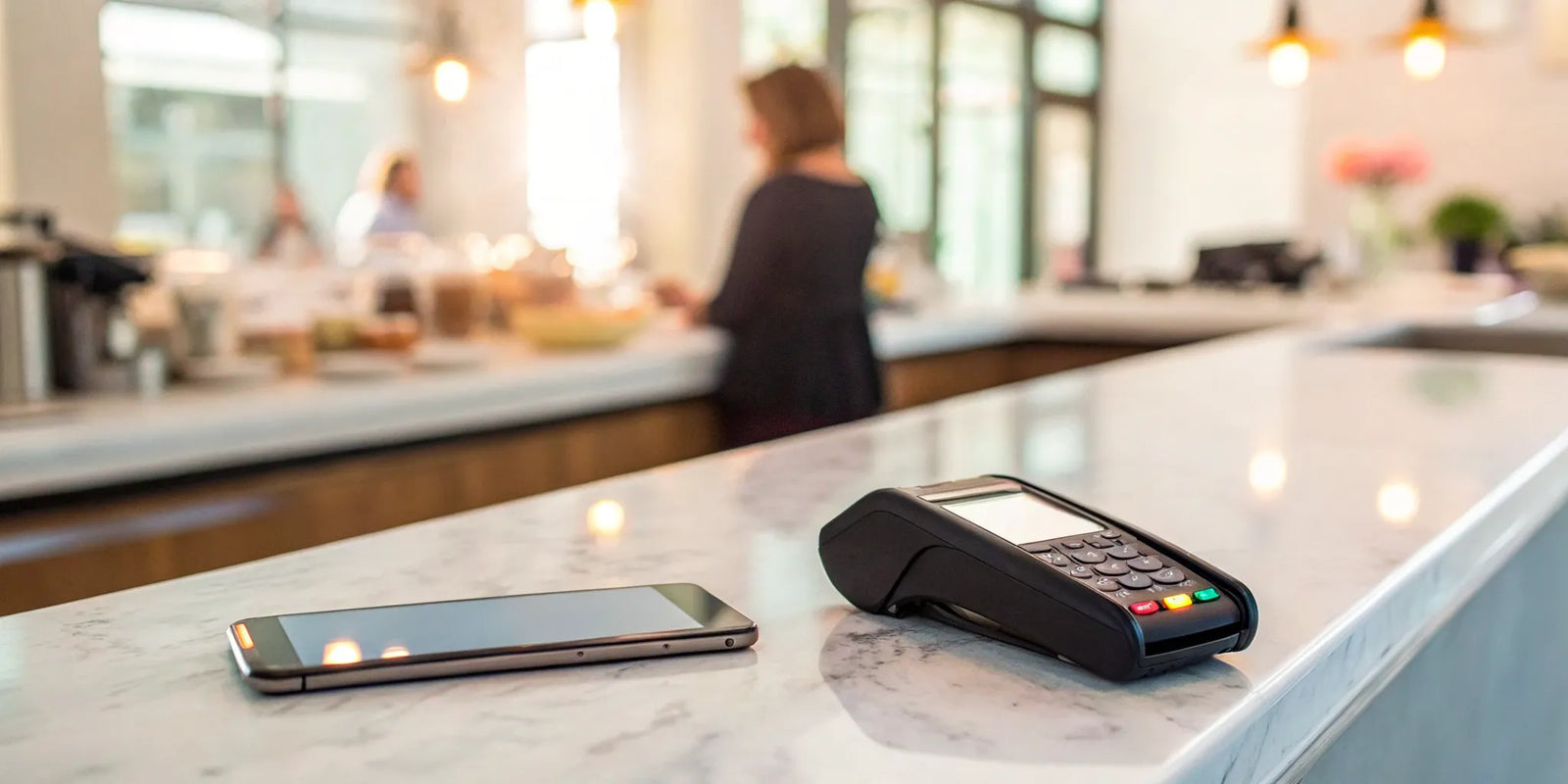 A mobile credit card reader connected to a smartphone for processing business payments.