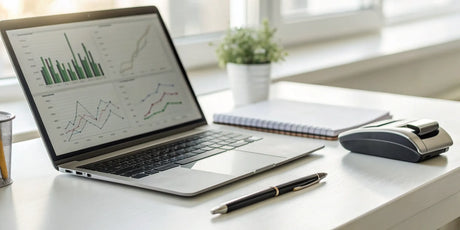 Laptop with graphs comparing the best merchant services agent programs.