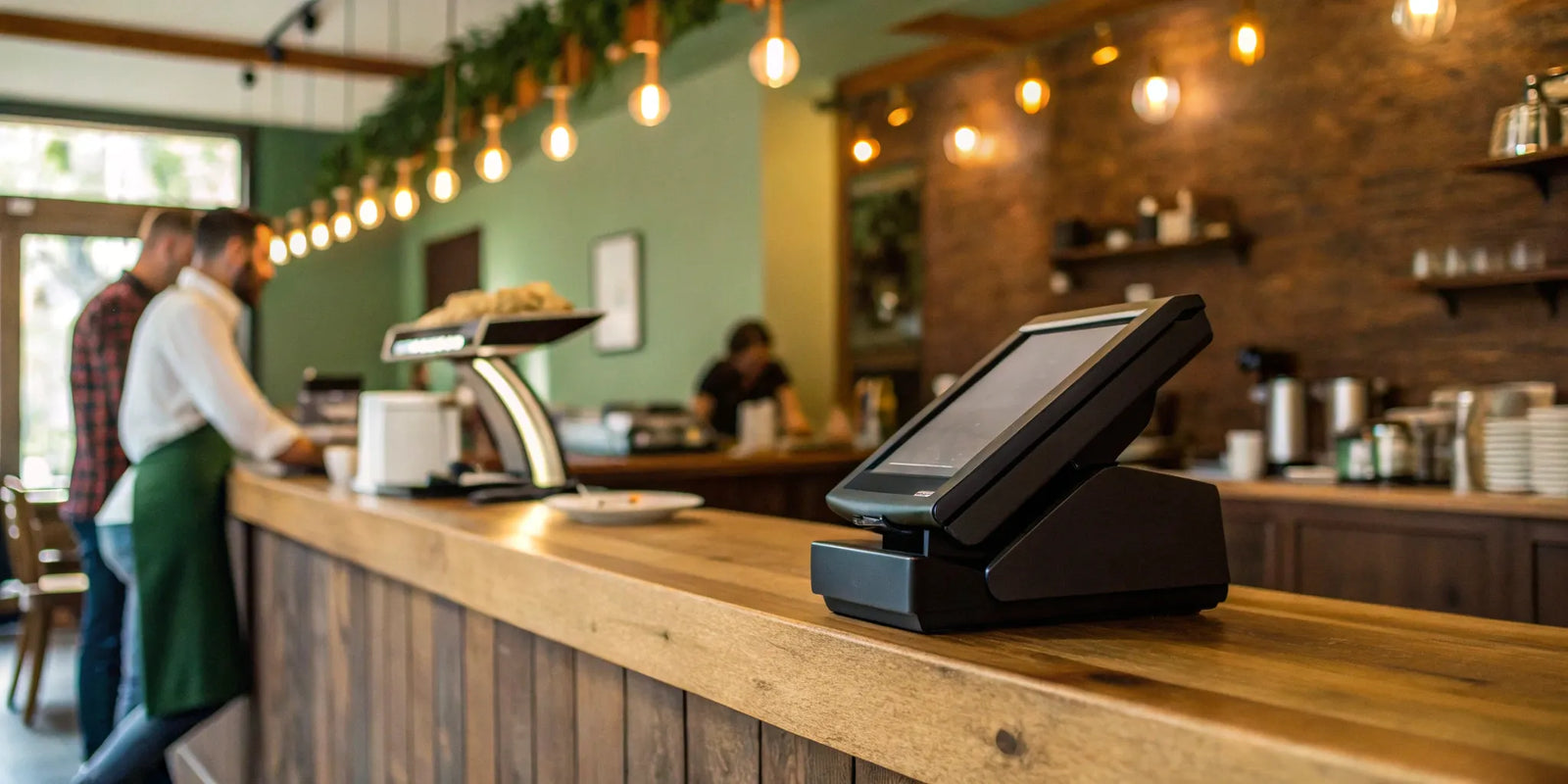 A modern POS system on a counter, one of the best options for a small restaurant.