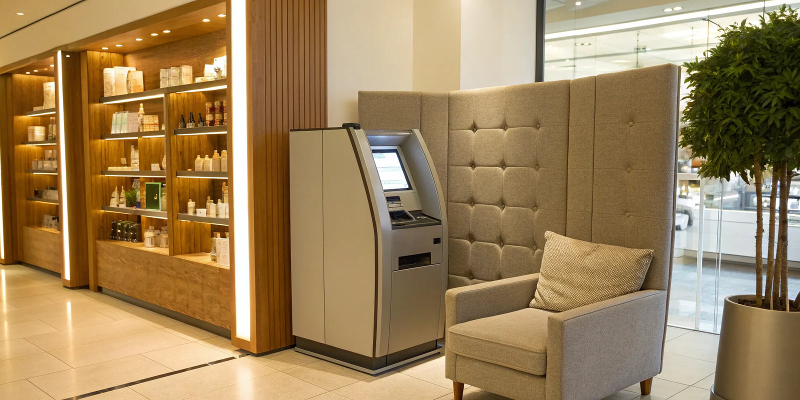An ATM in a modern business, offering the benefit of convenient cash access for customers.