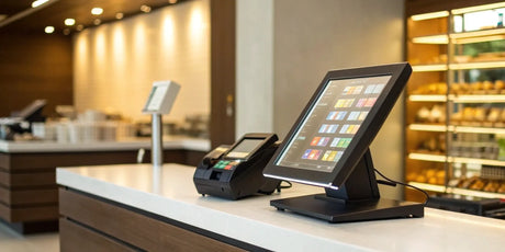 Convenience store POS system with a modern touchscreen and payment terminal.