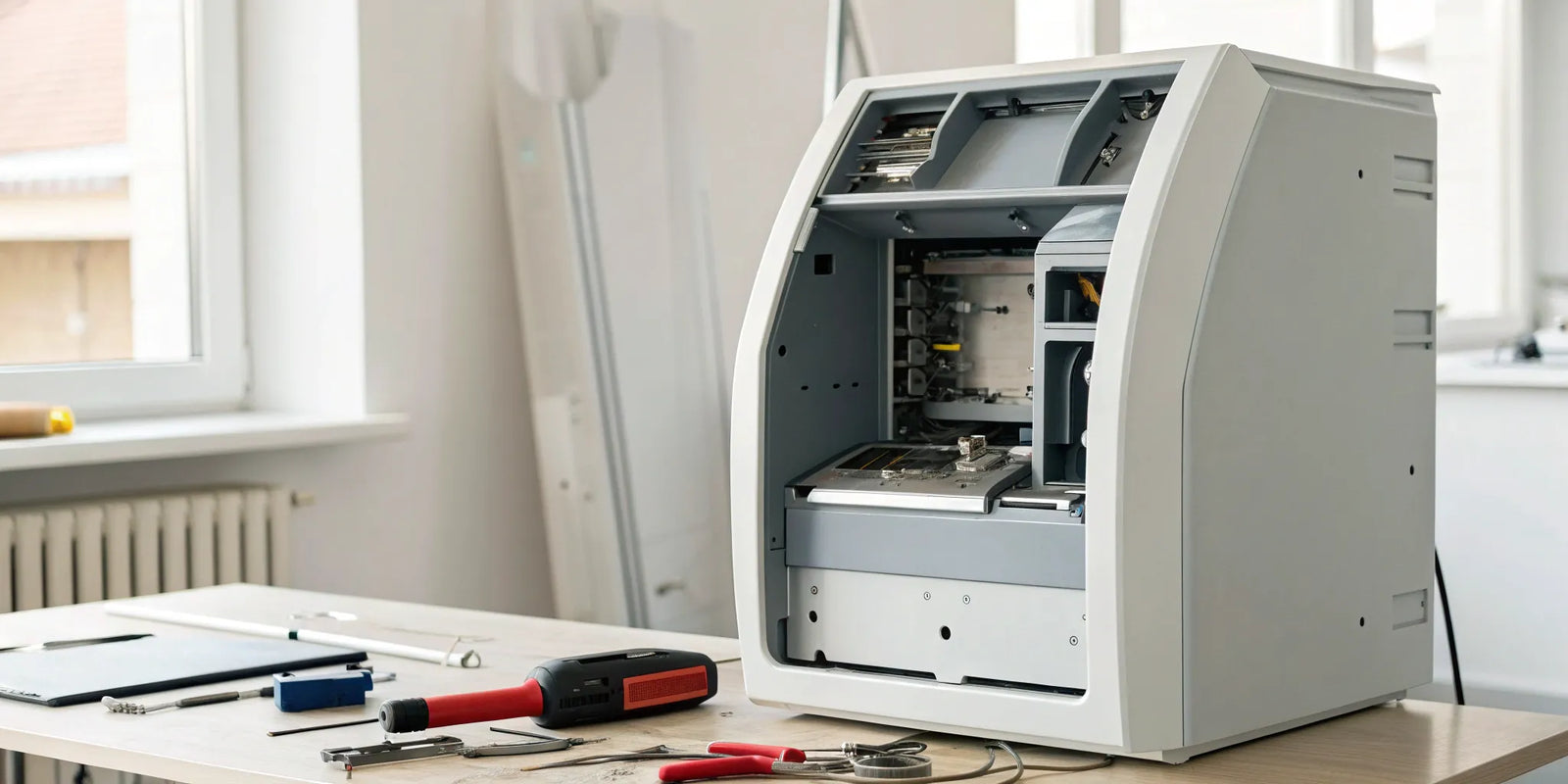 The technical details of an ATM machine installation agreement shown with a disassembled unit and tools.