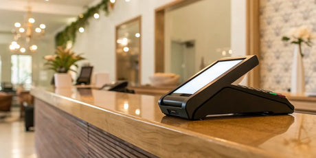 The Clover Flex 3 handheld terminal on a counter, ready for credit card and tap-to-pay transactions.