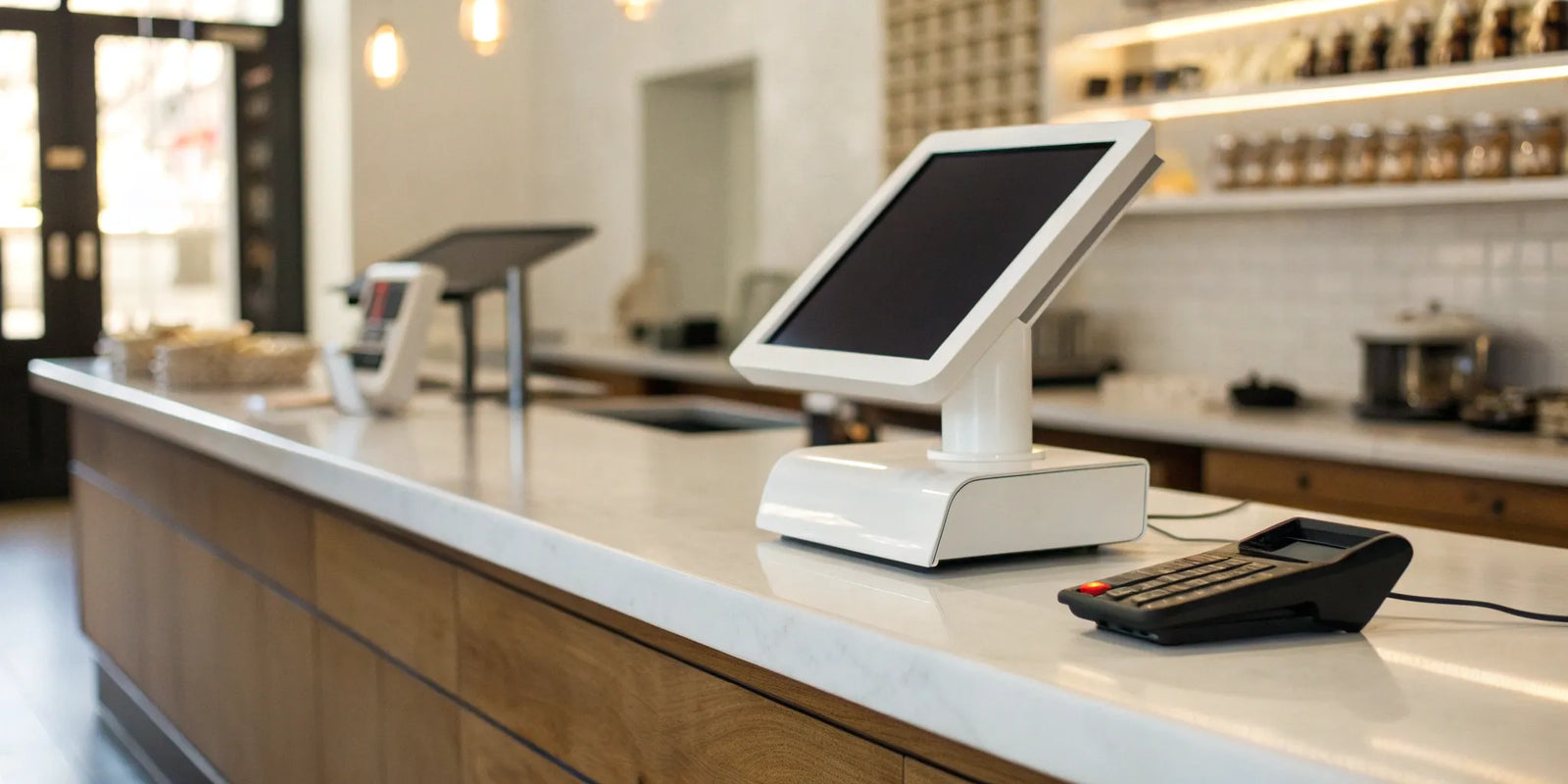 Clover Mini 3 POS system on a checkout counter ready for a transaction.