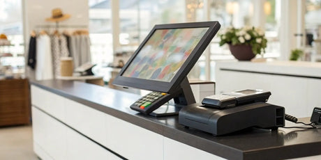 A Clover POS terminal with its card reader and receipt printer setup on a counter.