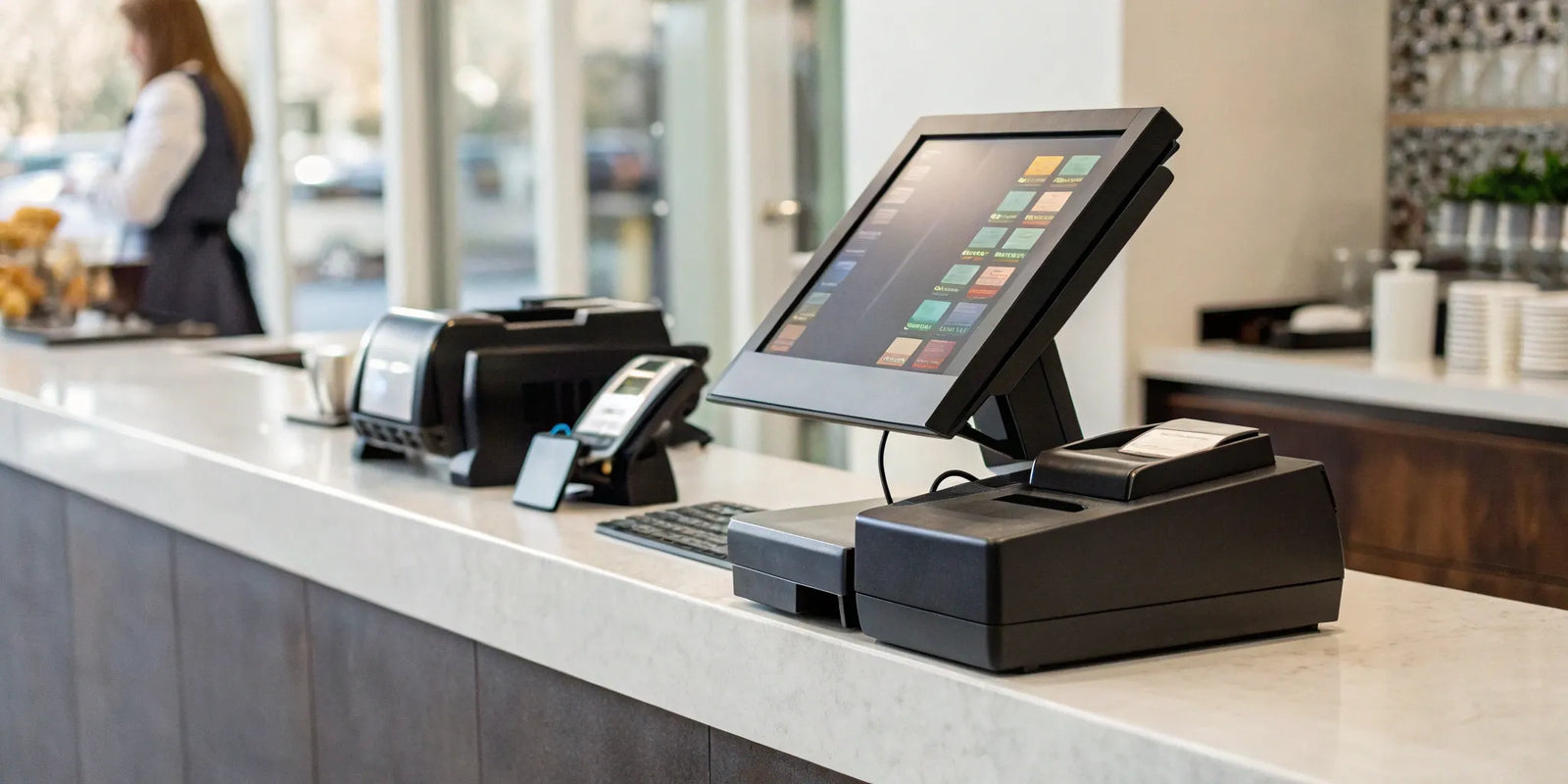 The Clover POS system, including its touchscreen terminal and payment hardware.
