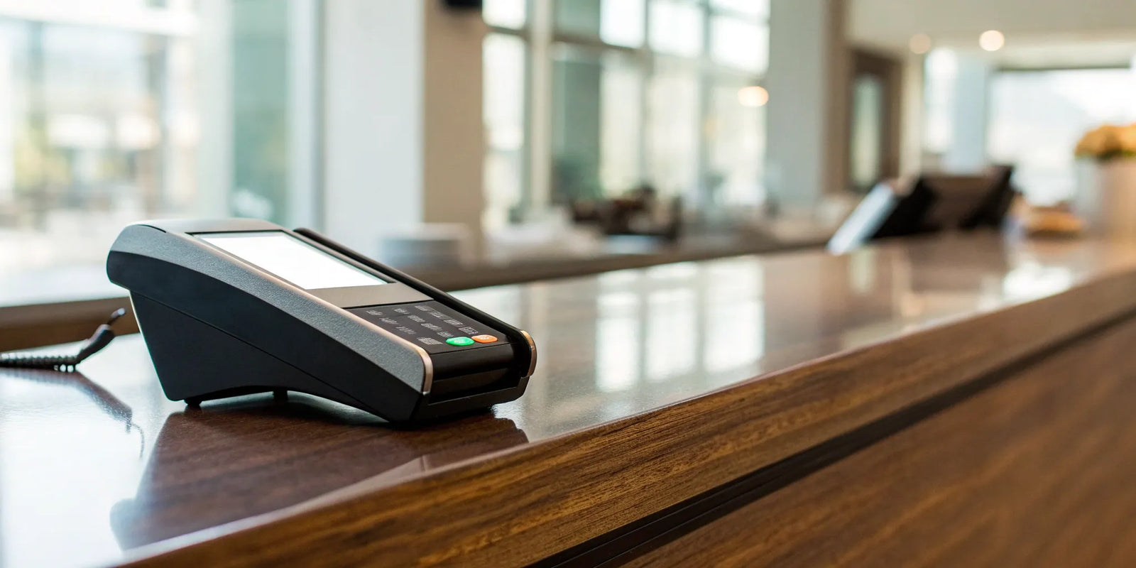 A credit card terminal on a counter, a key factor in how much payment processing costs.