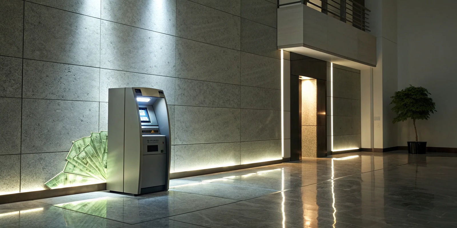 An ATM in a lobby with a cash graphic showing how much revenue the machine can generate.