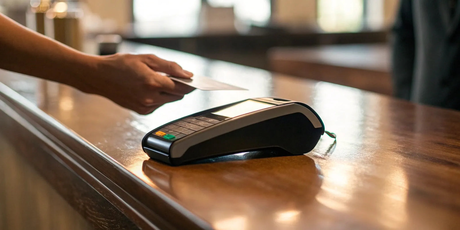 A business accepting a credit card payment using a payment terminal.