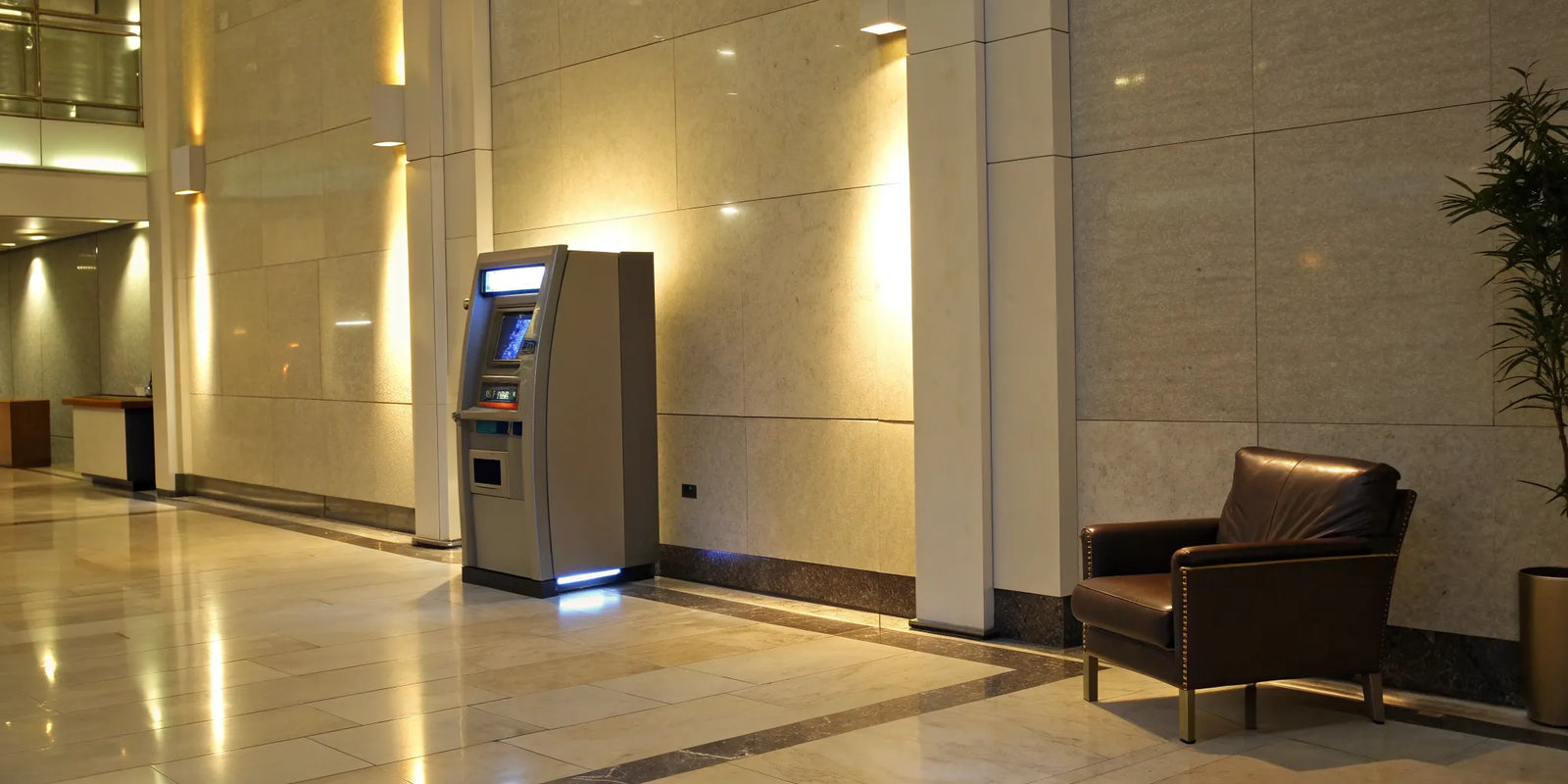An ATM in a profitable business lobby, a key location for making money with an ATM.