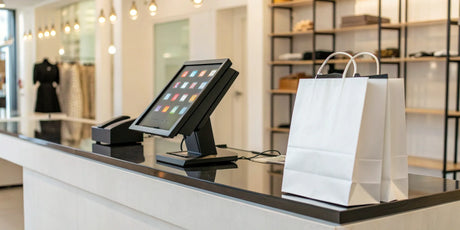 A retail POS system on a checkout counter next to shopping bags.