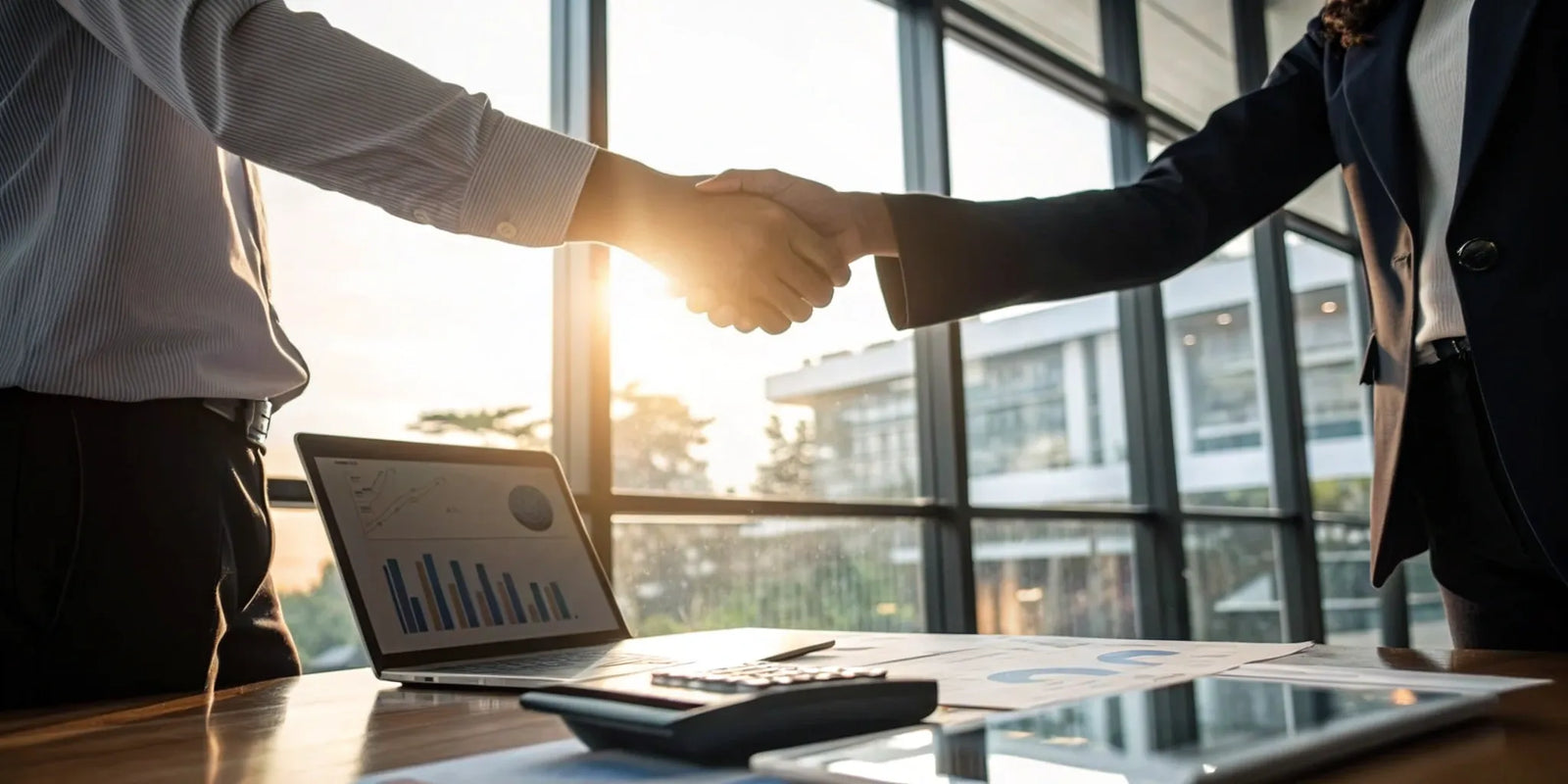 Professionals shaking hands over charts to join a payment processing partnership.