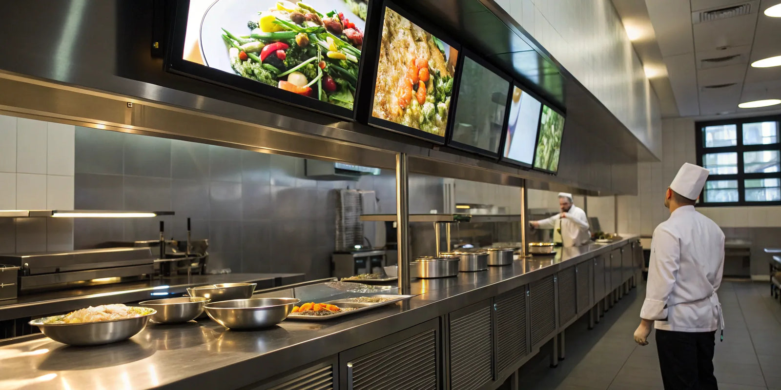 A restaurant KDS set up in a modern kitchen, displaying orders for chefs on the prep line.