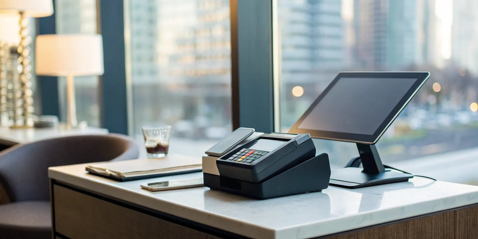 A modern POS terminal on a counter, an essential payment solution for any business.