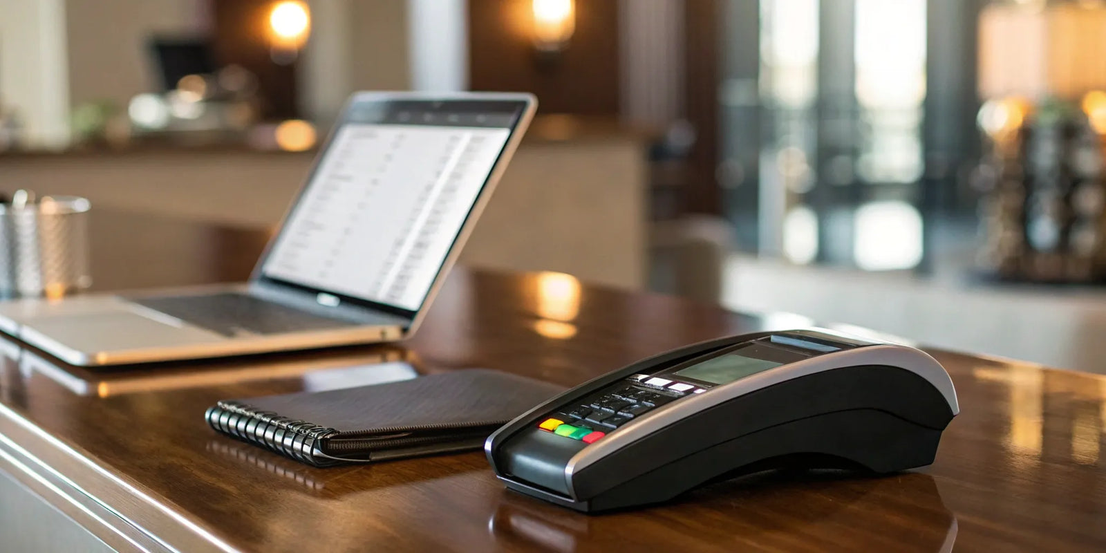 A payment processing terminal and laptop on a desk for a payment agent program.