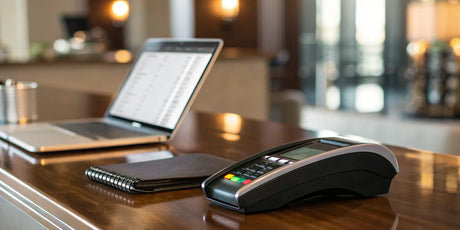 A payment processing terminal and laptop on a desk for a payment agent program.