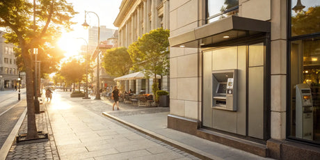 An ATM in a profitable location on a busy street with high foot traffic and nearby shops.