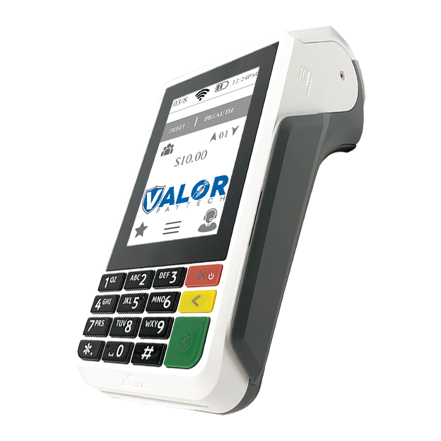 Valor VP100 countertop payment terminal displaying touchscreen interface with keypad and card reader, shown in angled product view.